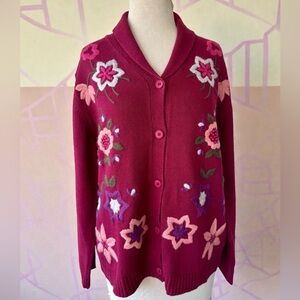 Stitches In Time Berry Floral Embroidered Cardigan Sweater Sz M Cottage NWOT